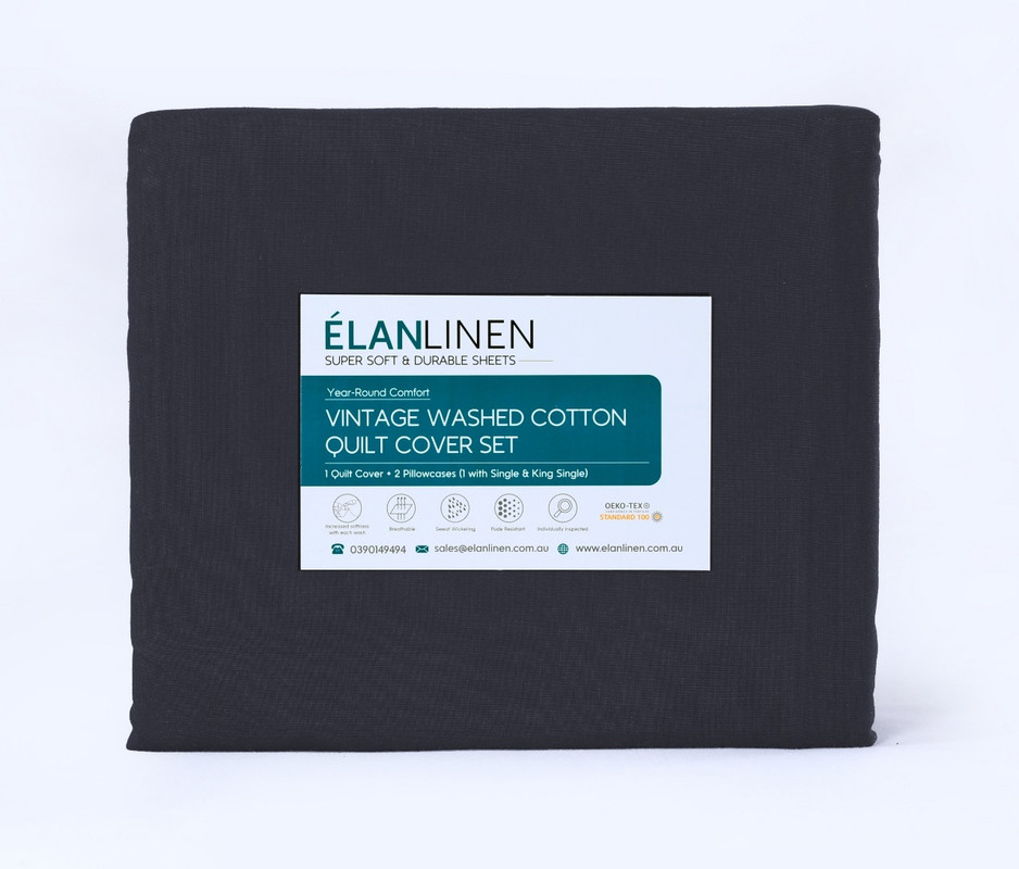 Elan Linen 100% Egyptian Cotton Vintage Washed 500TC Charcoal Queen Bed Sheets Set - Image 7