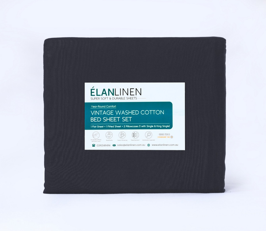 Elan Linen 100% Egyptian Cotton Vintage Washed 500TC Charcoal Queen Bed Sheets Set - Image 8
