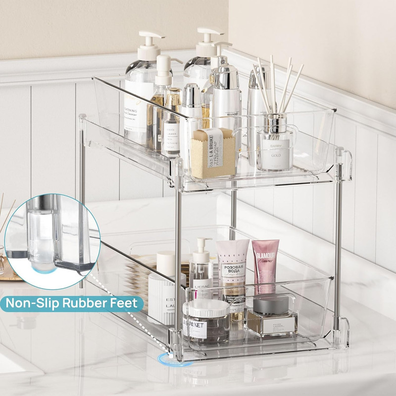 1 Pack Bathroom Organizer, 2 Tier Clear Under Sink Organizers Vanity Countertop Storage Container,Cabinet Drawers Bins, Pull-Out Organization with Track for Pantry, Kitchen - Image 1