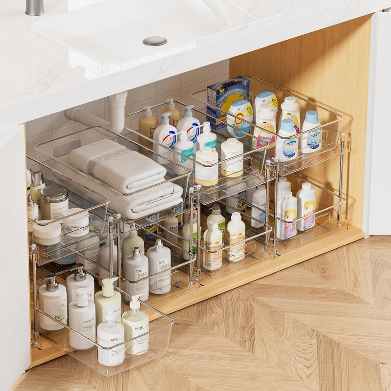 1 Pack Bathroom Organizer, 2 Tier Clear Under Sink Organizers Vanity Countertop Storage Container,Cabinet Drawers Bins, Pull-Out Organization with Track for Pantry, Kitchen - Image 2