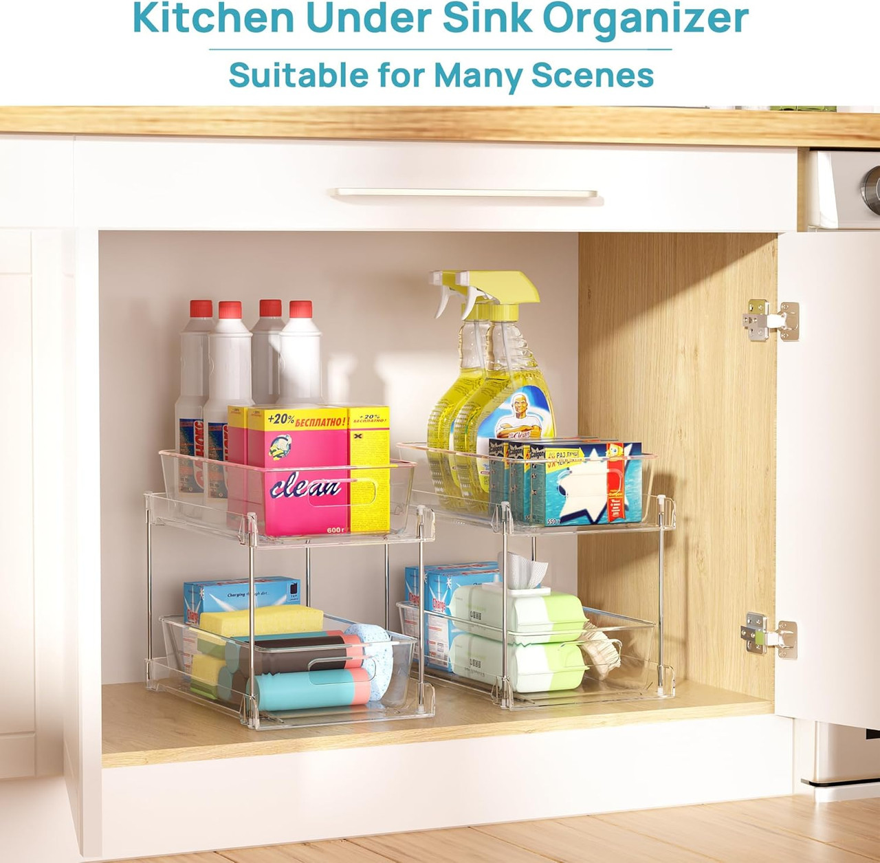 1 Pack Bathroom Organizer, 2 Tier Clear Under Sink Organizers Vanity Countertop Storage Container,Cabinet Drawers Bins, Pull-Out Organization with Track for Pantry, Kitchen - Image 3