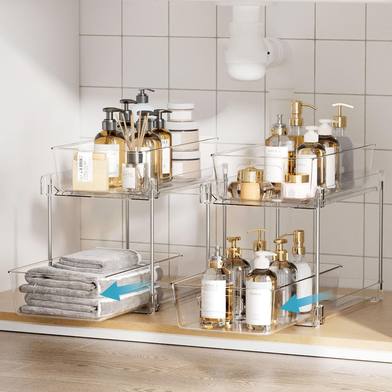 1 Pack Bathroom Organizer, 2 Tier Clear Under Sink Organizers Vanity Countertop Storage Container,Cabinet Drawers Bins, Pull-Out Organization with Track for Pantry, Kitchen - Image 6