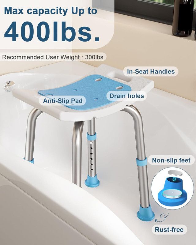 Shower Chair for Inside Shower, 400 lbs Adjustable Shower Stool with Suction Feet, Shower Seat for Inside Tub Bathroom Bench Bath Chair for Elderly and Disabled - Light Blue - Image 4