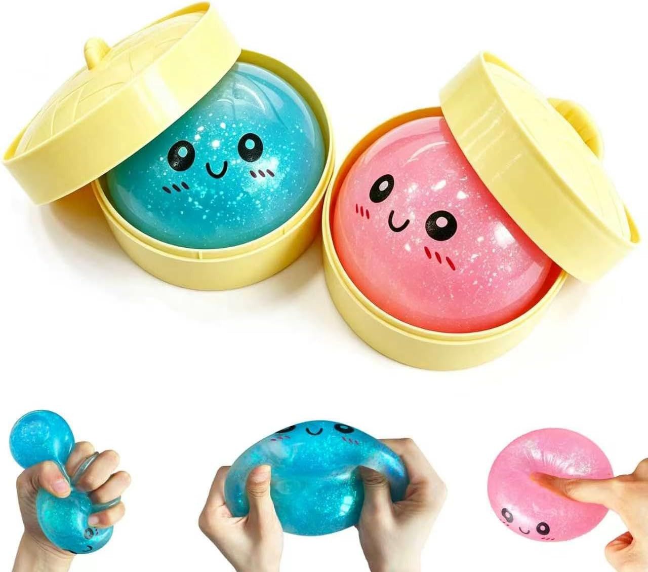 2Pcs Dumpling Squishies Surprise Pack, Glitter Slow Rising Stress Ball, Stretchy Fidget Sensory Toy for Anxiety Stress, Cute Dumpling Squeeze Toy for Adults Teens (Blue+Pink) - Image 1