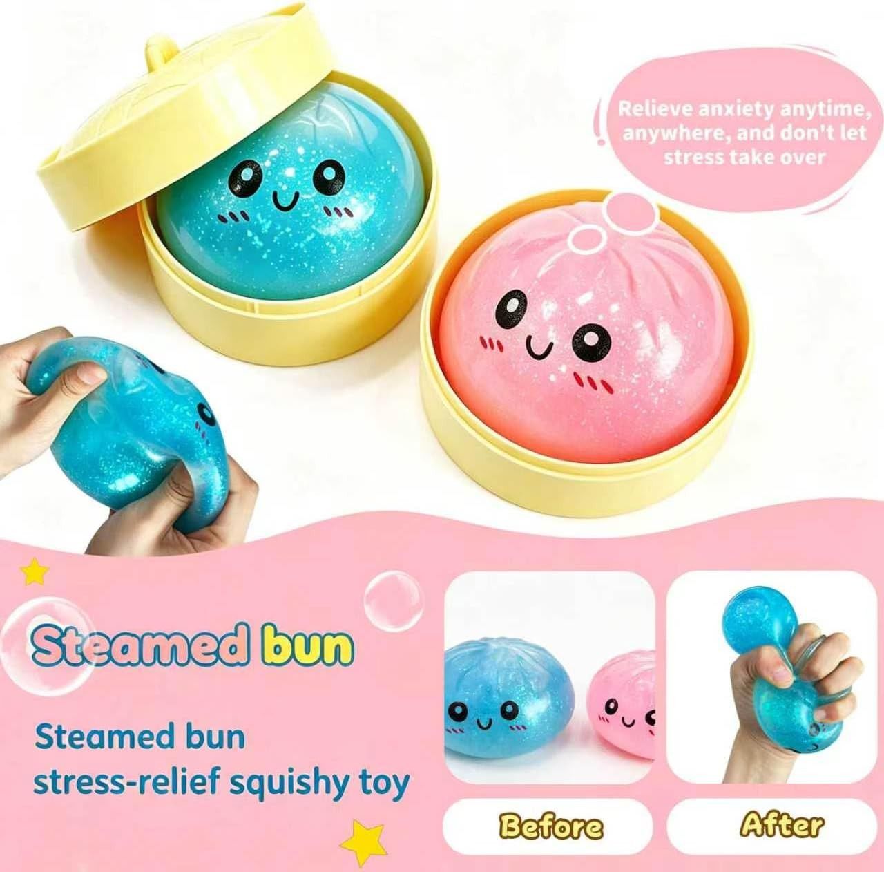 2Pcs Dumpling Squishies Surprise Pack, Glitter Slow Rising Stress Ball, Stretchy Fidget Sensory Toy for Anxiety Stress, Cute Dumpling Squeeze Toy for Adults Teens (Blue+Pink) - Image 2