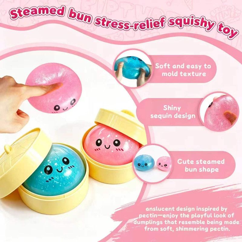 2Pcs Dumpling Squishies Surprise Pack, Glitter Slow Rising Stress Ball, Stretchy Fidget Sensory Toy for Anxiety Stress, Cute Dumpling Squeeze Toy for Adults Teens (Blue+Pink) - Image 3