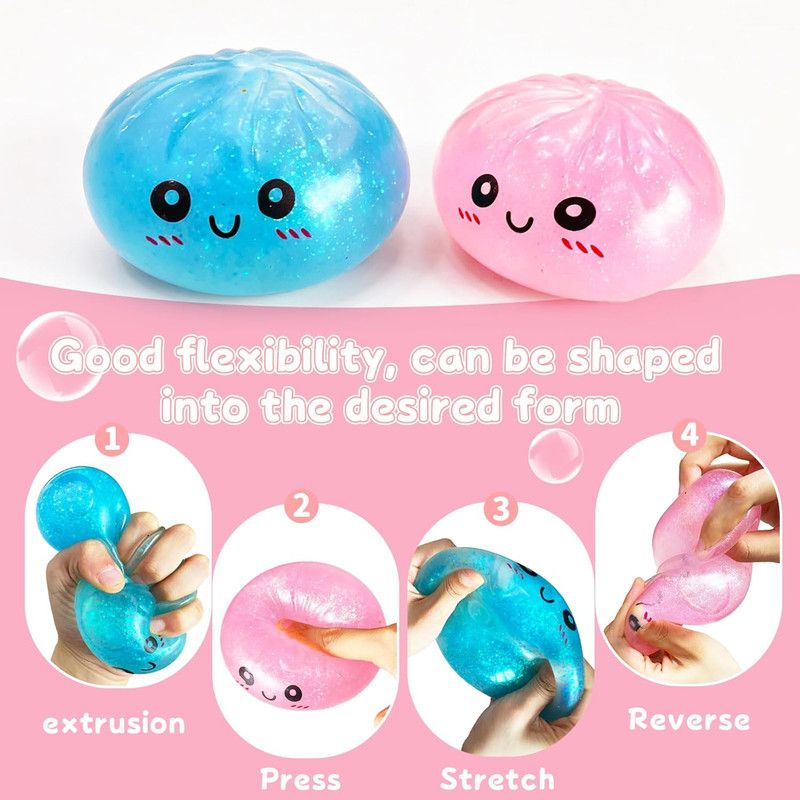 2Pcs Dumpling Squishies Surprise Pack, Glitter Slow Rising Stress Ball, Stretchy Fidget Sensory Toy for Anxiety Stress, Cute Dumpling Squeeze Toy for Adults Teens (Blue+Pink) - Image 5