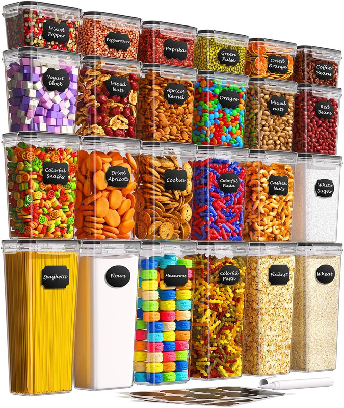Airtight Food Storage Containers with Lids, 24 PCS Kitchen and Pantry Organization Canisters, BPA-Free, PVC-Free, Food-grade Plastic Leak-proof Jars for Cereal, Flour, Sugar, Extra 24 Labels & Marker - Image 1