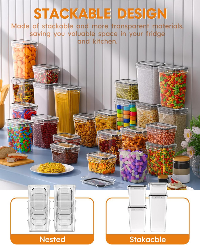 Airtight Food Storage Containers with Lids, 8 PCS Kitchen and Pantry Organization Canisters, BPA-Free, PVC-Free, Food-grade Plastic Leak-proof Jars for Cereal, Flour, Sugar, Extra 8 Labels & Marker - Image 6