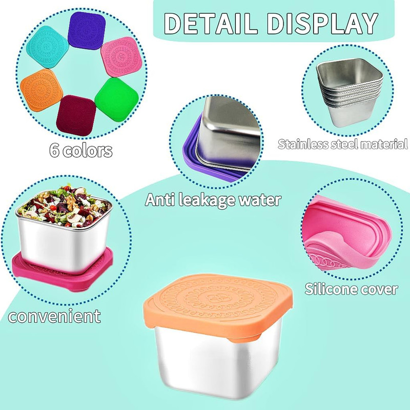 12Pack 6oz Stainless Steel Snack Containers and 2oz Salad Dressing To Go Containers with Silicone Lids, Reusable Square Meal Prep Condiment Sauce Containers Lunch Box - Image 2