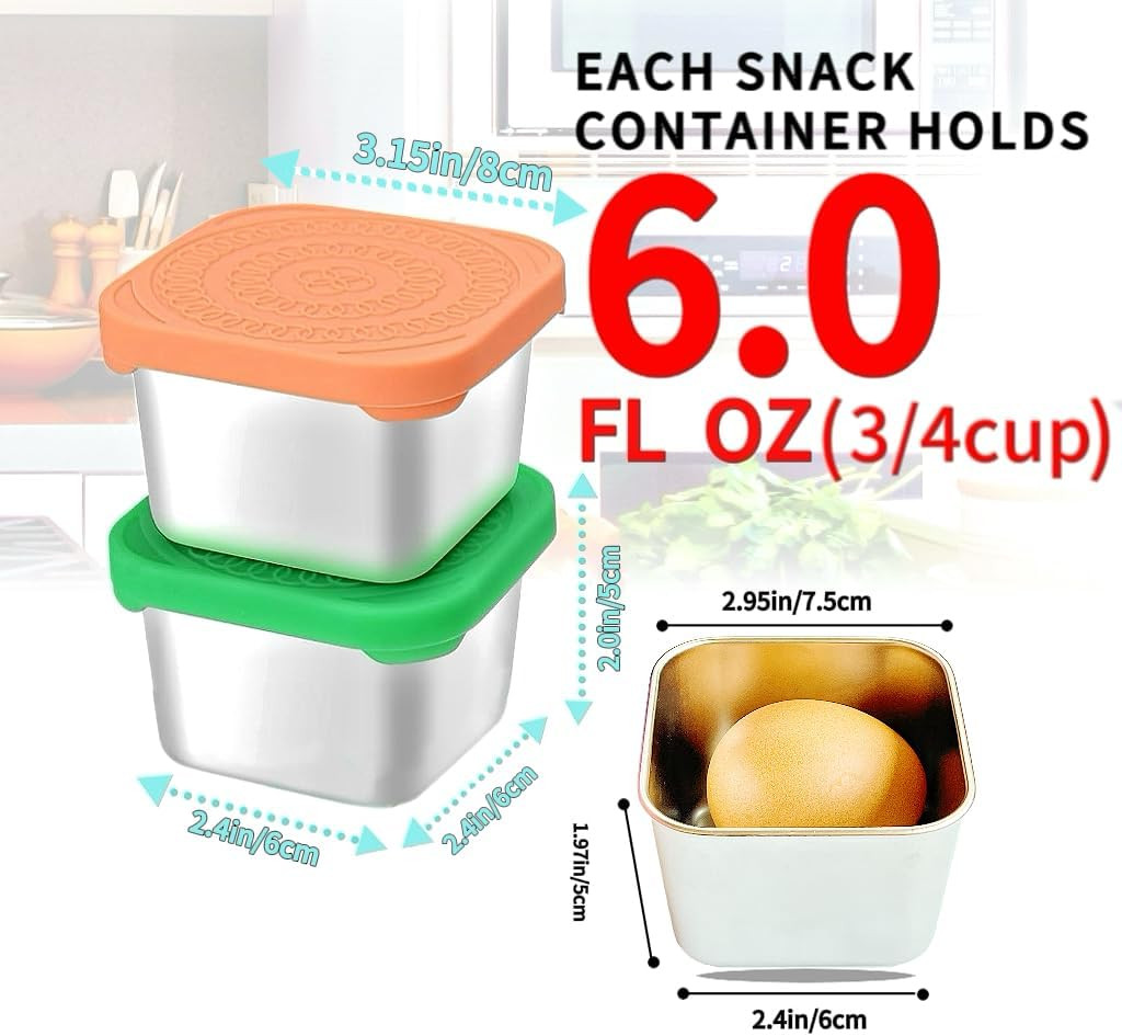 6Pack 6oz Stainless Steel Snack Containers and 2oz Salad Dressing To Go Containers with Silicone Lids, Reusable Square Meal Prep Condiment Sauce Containers Lunch Box - Image 1