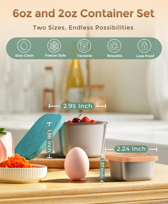 6Pack 6oz Stainless Steel Snack Containers and 2oz Salad Dressing To Go Containers with Silicone Lids, Reusable Square Meal Prep Condiment Sauce Containers Lunch Box - Image 3