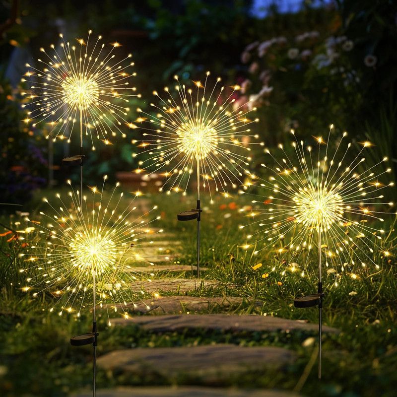 Garden Decor Outdoor Lights 120LED 4Pack, Solar Garden Lights Outside Fairy Firework Decorative,Solar Powered for Yard Pathway Flowerbed Planter Balcony Patio 4th of July Decor (Warm White - Image 1