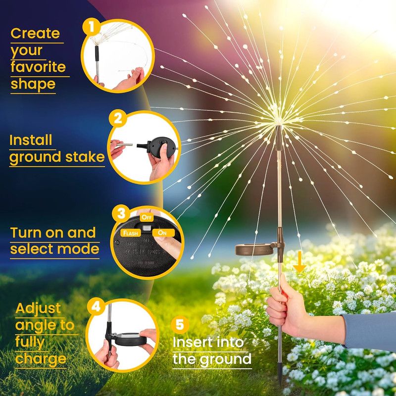Garden Decor Outdoor Lights 120LED 4Pack, Solar Garden Lights Outside Fairy Firework Decorative,Solar Powered for Yard Pathway Flowerbed Planter Balcony Patio 4th of July Decor (Warm White - Image 2