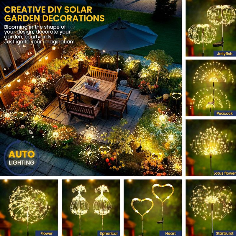 Garden Decor Outdoor Lights 120LED 4Pack, Solar Garden Lights Outside Fairy Firework Decorative,Solar Powered for Yard Pathway Flowerbed Planter Balcony Patio 4th of July Decor (Warm White - Image 4