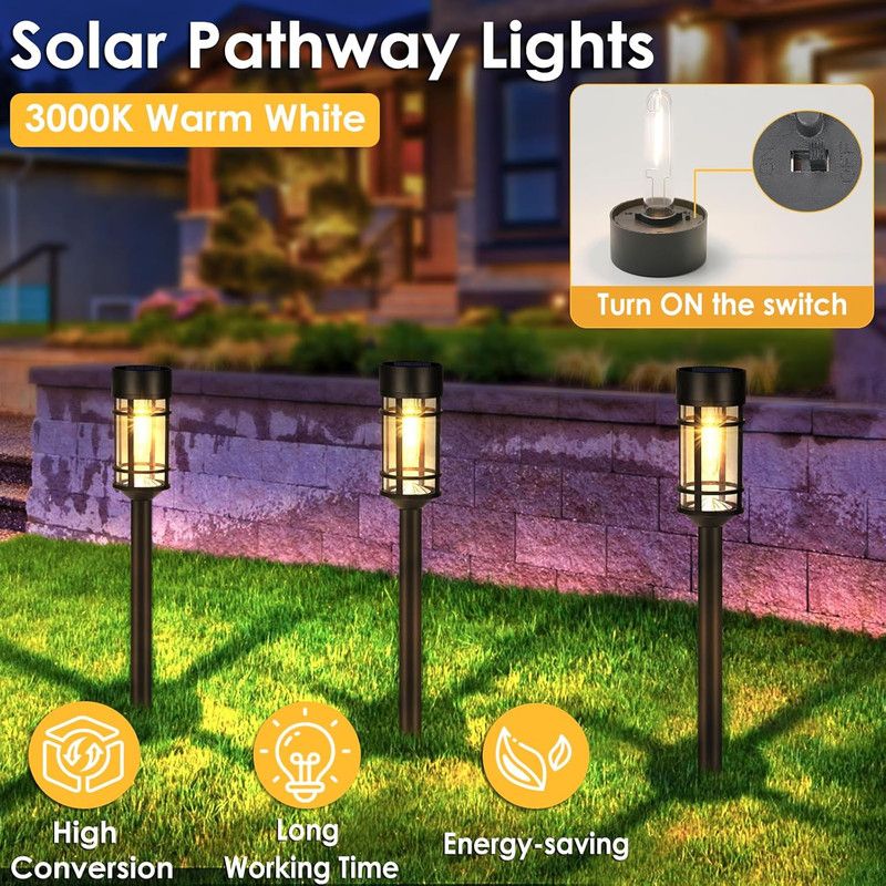 Solar Pathway Lights, 8 Pack LED Solar Lights Outdoor Waterproof, Glass Metal Garden Lighting for Yard Path Landscape Lawn Walkway Driveway, 3000K - Image 2