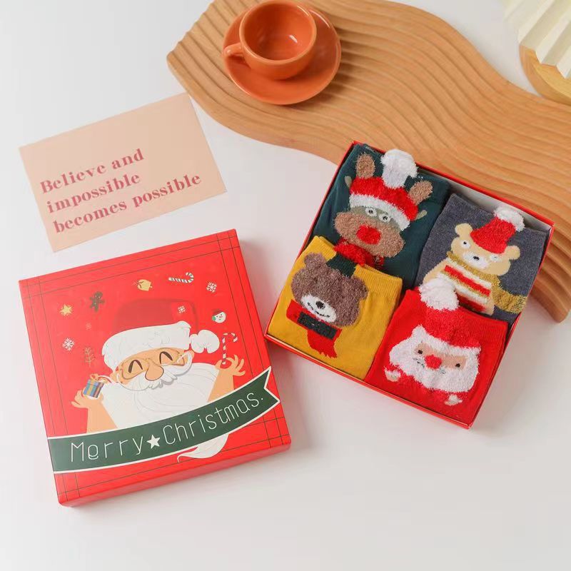 Christmas gift  Christmas Socks Combed Cotton 4 Pair Medium Socks Gift Box - Image 1