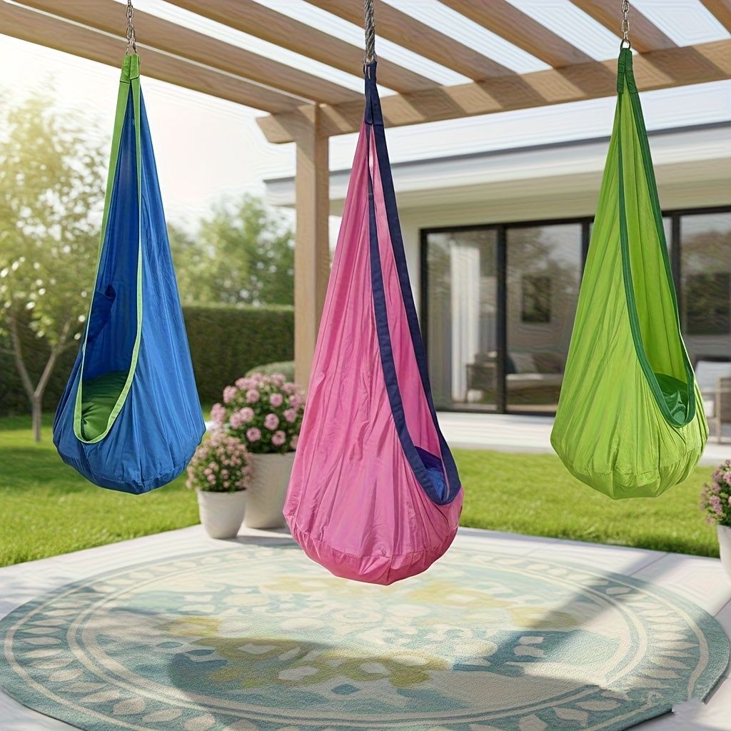 hanging hammock chair, indoor hammock chair, outdoor hammock chair, inflatable pillow, pocket, relaxation, playtime, Christmas gift, Halloween gift, lounge chair - Blue - Size 160-70cm - Image 8