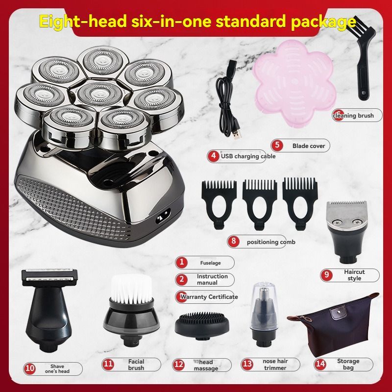 8 blade head shaver, bald head trimmer, hair trimmer for men, grooming tool, USB rechargeable shaver, head shaver Australia, bald head grooming kit - Silver - Size SET - Image 1
