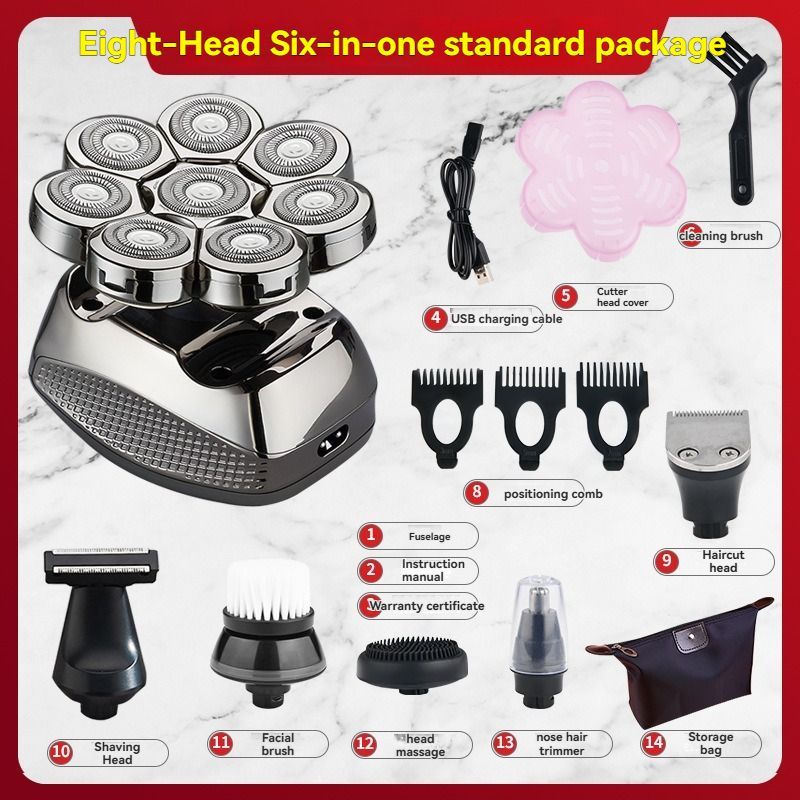 8 blade head shaver, bald head trimmer, hair trimmer for men, grooming tool, USB rechargeable shaver, head shaver Australia, bald head grooming kit - Silver - Size SET - Image 5