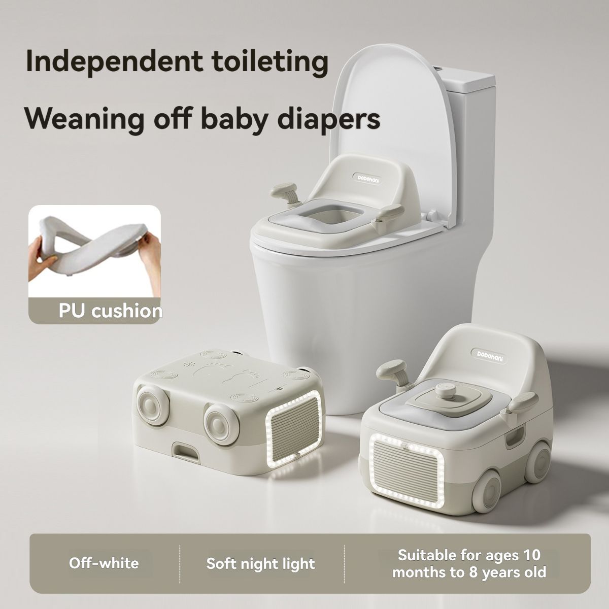 baby portable toilet, potty training, weaning off diapers, soft PU cushion, night-light, bathroom accessories, Australian market, toddler toilet seat - beige white - Size Three - Image 1