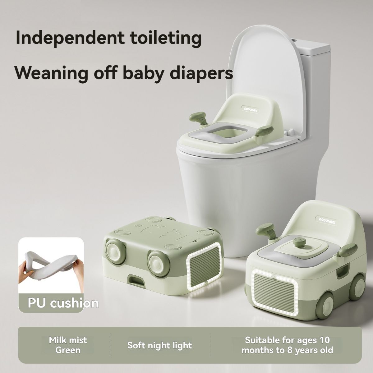 baby portable toilet, potty training, weaning off diapers, soft PU cushion, night-light, bathroom accessories, Australian market, toddler toilet seat - Misty Milk Green - Size Three - Image 1