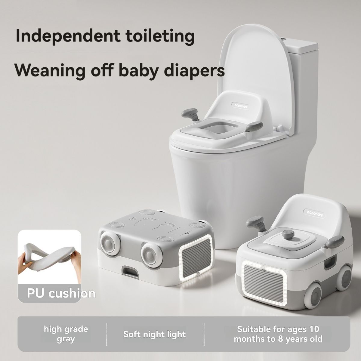 baby portable toilet, potty training, weaning off diapers, soft PU cushion, night-light, bathroom accessories, Australian market, toddler toilet seat - Monet Grey - Size Three - Image 1