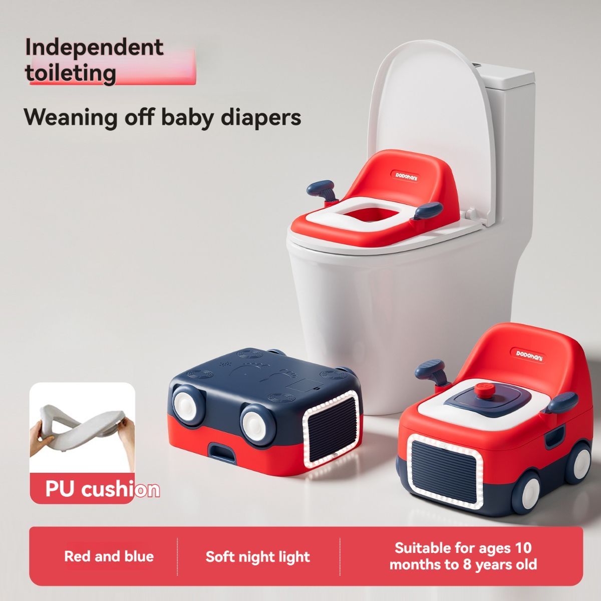 baby portable toilet, potty training, weaning off diapers, soft PU cushion, night-light, bathroom accessories, Australian market, toddler toilet seat - red and blue - Size Three - Image 1
