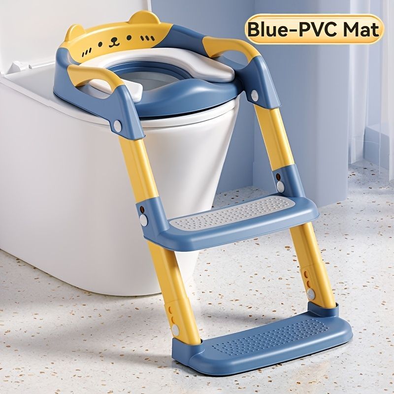 children's toilet trainer, toilet assistance ladder, portable toilet seat, PVC cushion, foldable design, anti-slip, splash-proof, potty training seat, toddler toilet ladder, kids bathroom accessory - Blue - Size PVC - Image 1