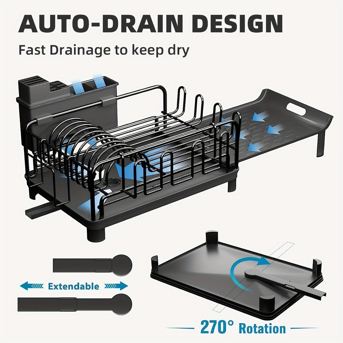 extendable dish drying rack, rust proof dish rack, auto drain dish rack, utensil and cup holder, kitchen counter dish rack, Australian kitchen, drying rack with tray - Black - Size Black - Image 1