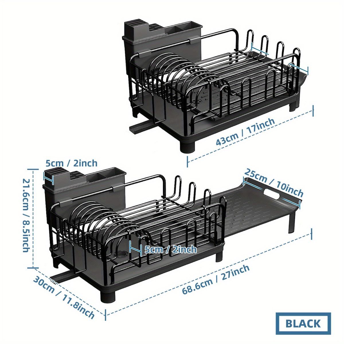 extendable dish drying rack, rust proof dish rack, auto drain dish rack, utensil and cup holder, kitchen counter dish rack, Australian kitchen, drying rack with tray - Black - Size Black - Image 2