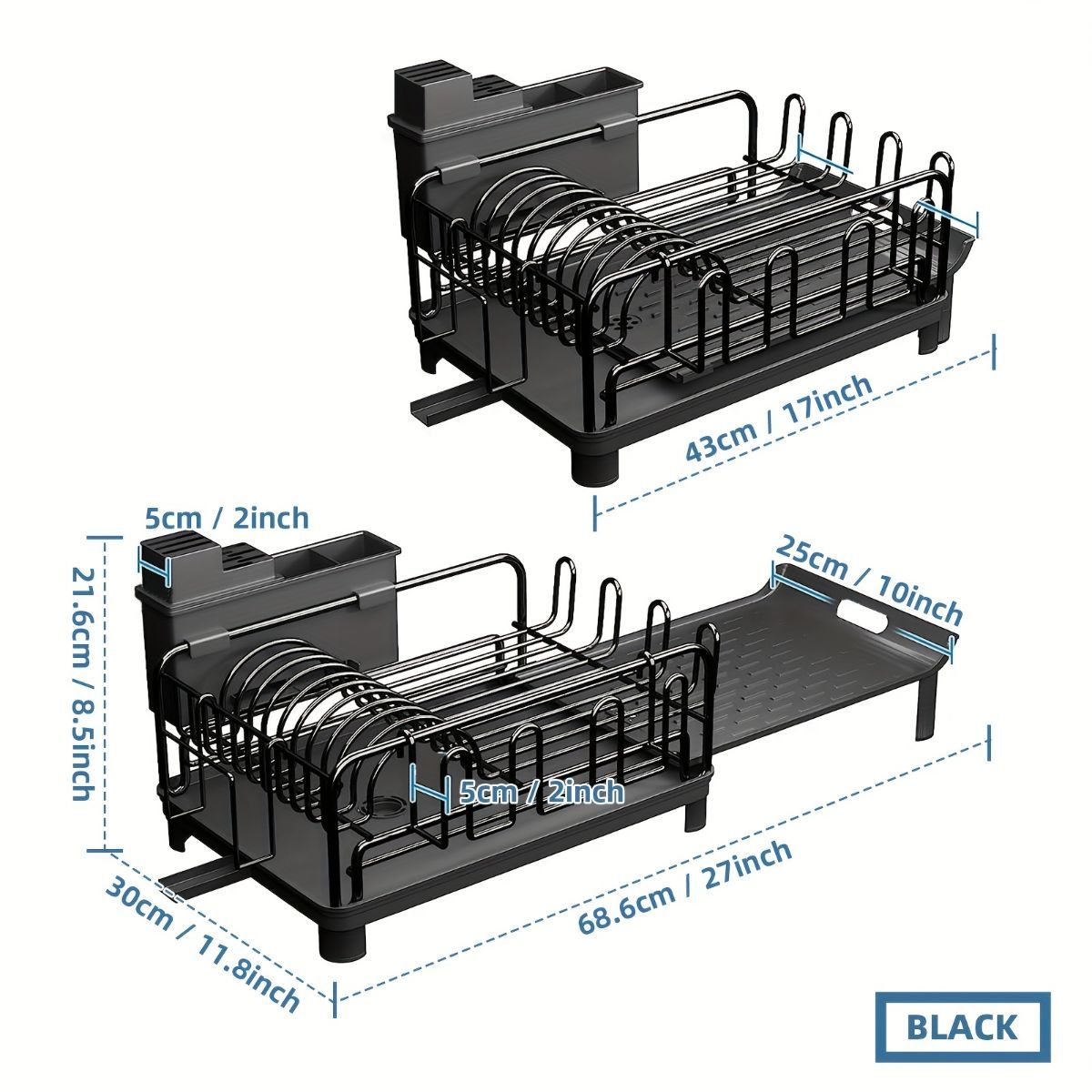 extendable dish drying rack, rust proof dish rack, auto drain dish rack, utensil and cup holder, kitchen counter dish rack, Australian kitchen, drying rack with tray - Black - Size Black - Image 4