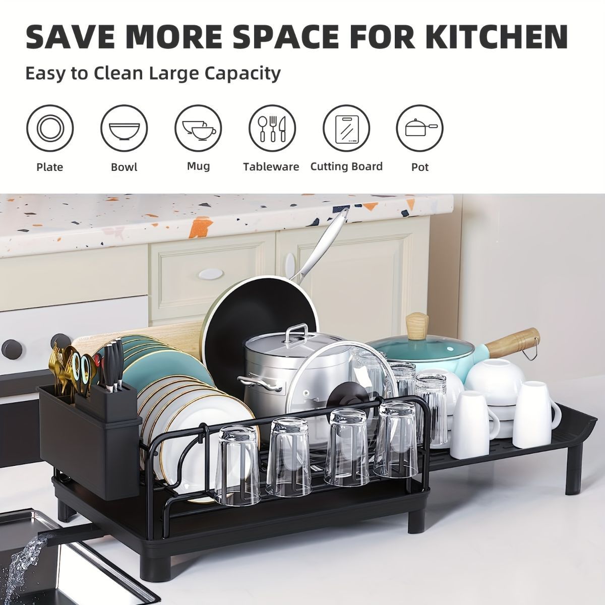 extendable dish drying rack, rust proof dish rack, auto drain dish rack, utensil and cup holder, kitchen counter dish rack, Australian kitchen, drying rack with tray - Black - Size Black - Image 6