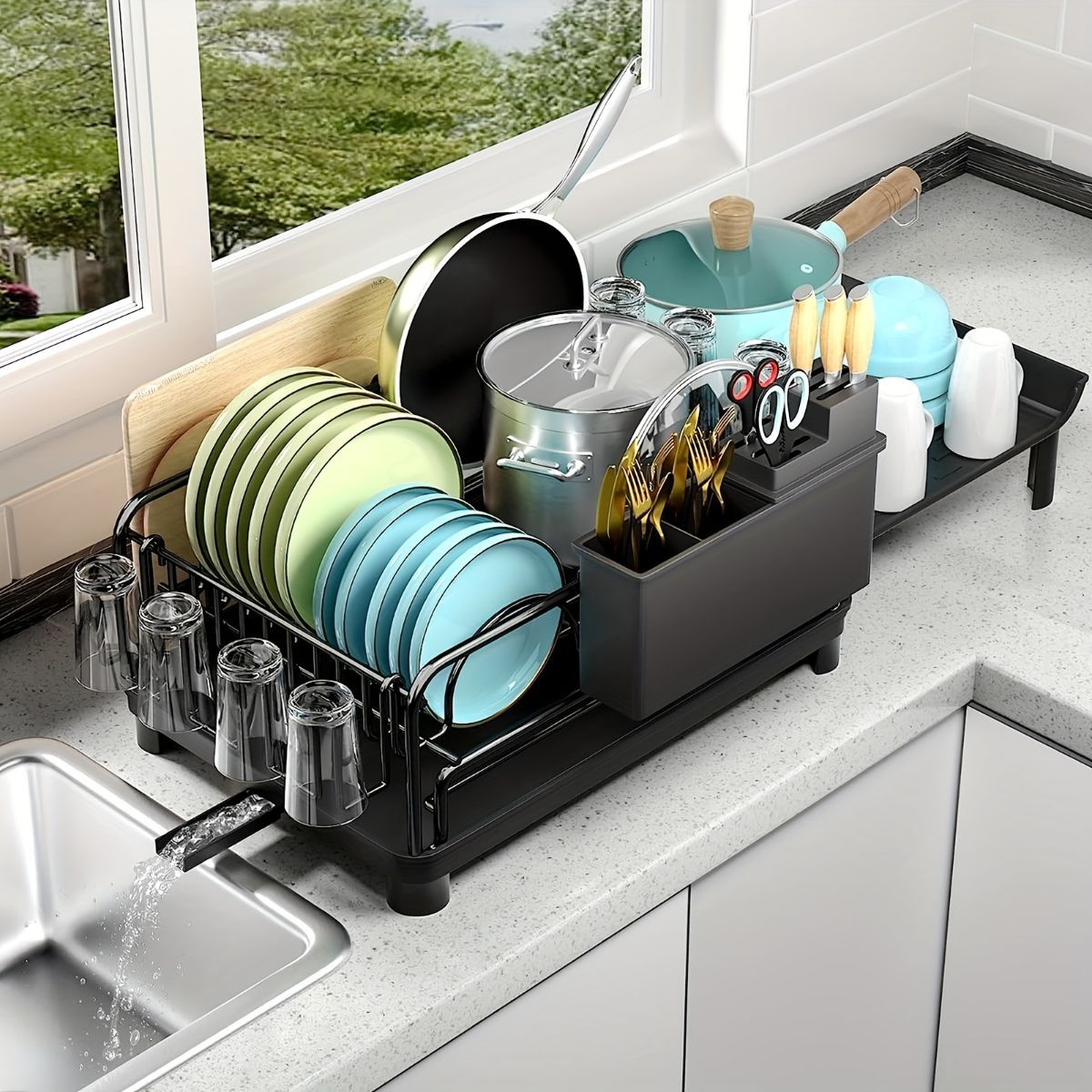 extendable dish drying rack, rust proof dish rack, auto drain dish rack, utensil and cup holder, kitchen counter dish rack, Australian kitchen, drying rack with tray - Black - Size Black - Image 7
