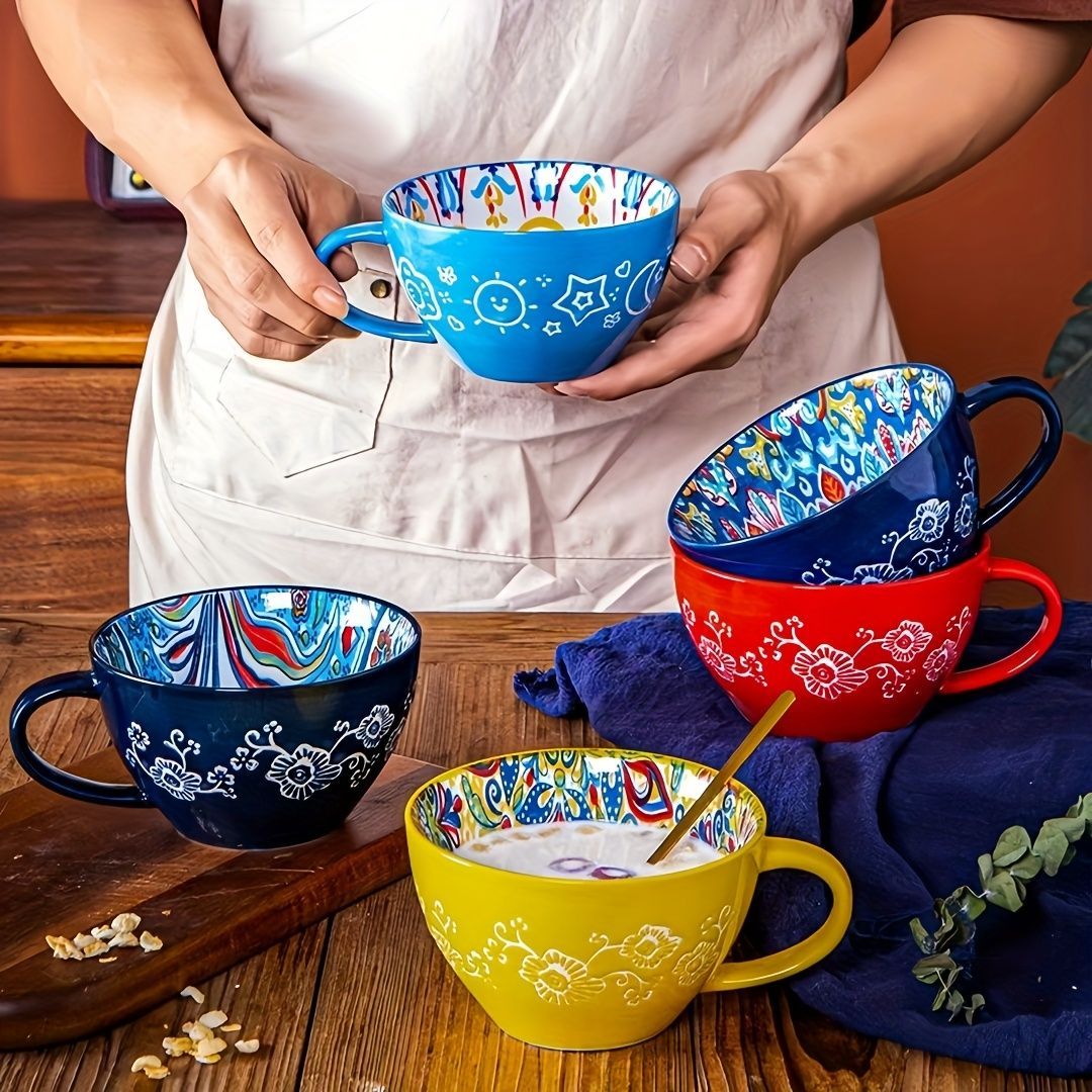 Bohemian Ceramic Cups Vibrant Floral Drinkware Hand-Painted Coffee Cups Unique - Jadeite plume - Size 400ml - Image 7