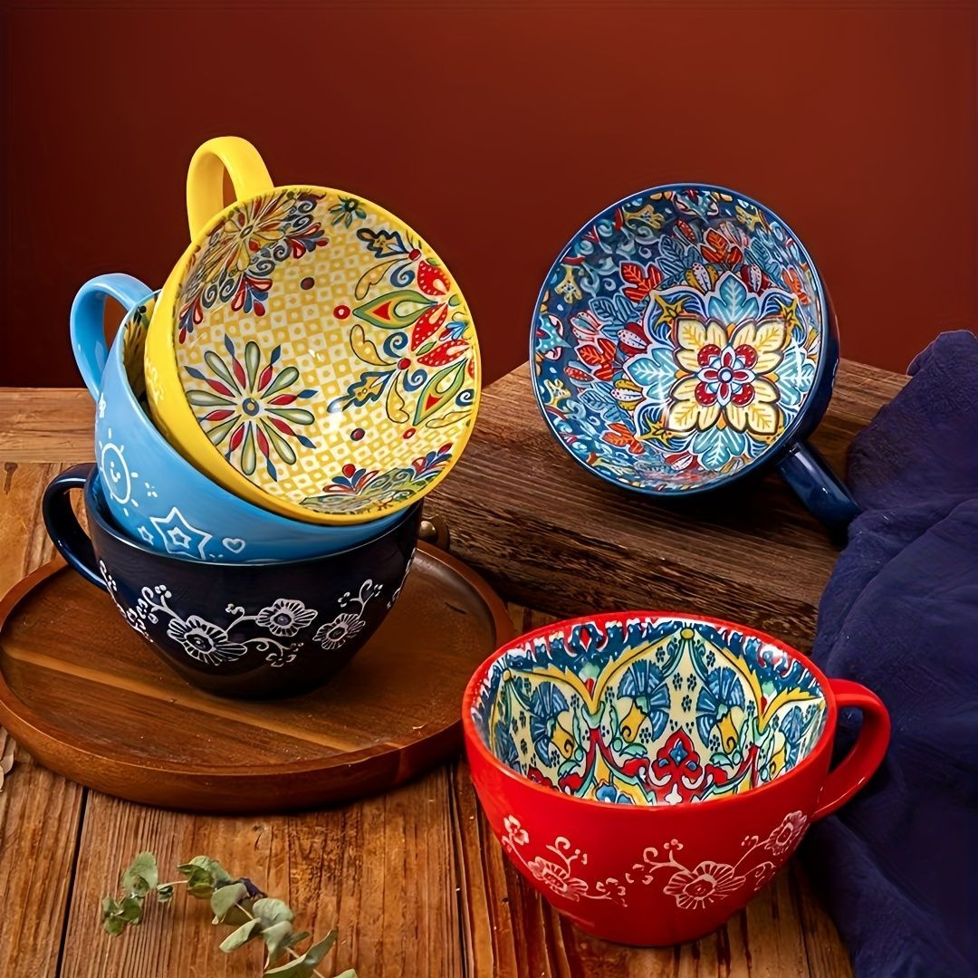 Bohemian Ceramic Cups Vibrant Floral Drinkware Hand-Painted Coffee Cups Unique - Jadeite plume - Size 400ml - Image 8