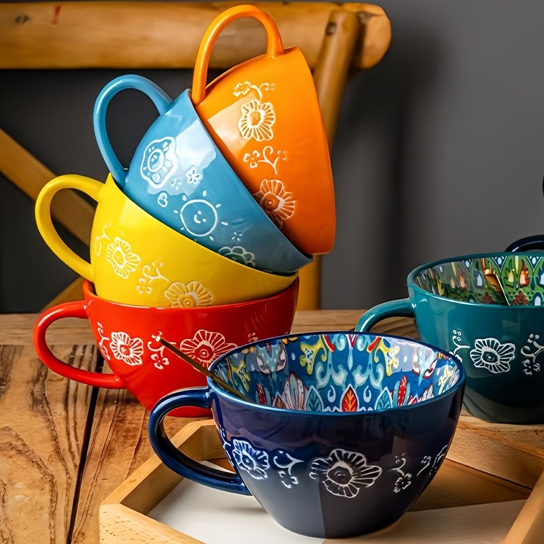 Bohemian Ceramic Cups Vibrant Floral Drinkware Hand-Painted Coffee Cups Unique - Miro Sunshine - Size 400ml - Image 2