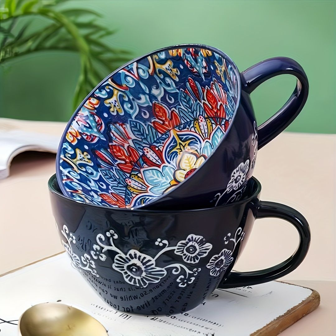 Bohemian Ceramic Cups Vibrant Floral Drinkware Hand-Painted Coffee Cups Unique - Miro Sunshine - Size 400ml - Image 4