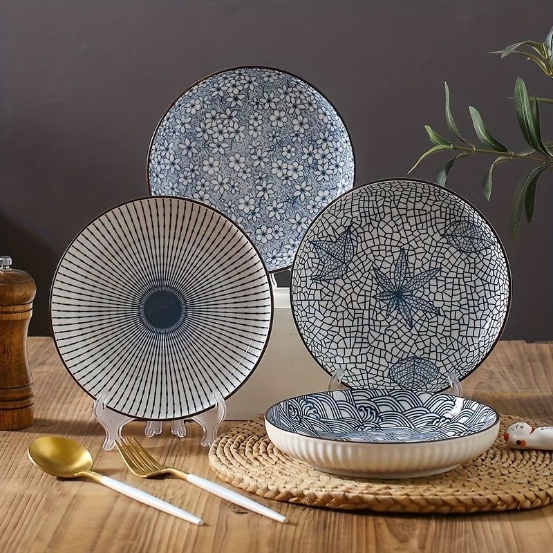 Ceramic Dinner Plates Set Of 4 Plates 4 Styles Dining Tableware High-Quality - Indigo - Size Pack of 4 pieces - Image 2