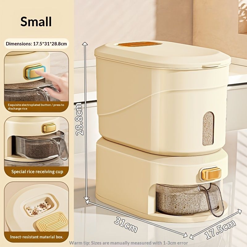 large capacity rice dispenser, measuring cup, time scale, plastic grain storage container, sealed food storage, insect proof food storage, moisture proof food storage, flour storage, pet food storage, Australian kitchen - Creamy - Size 10L - Image 1