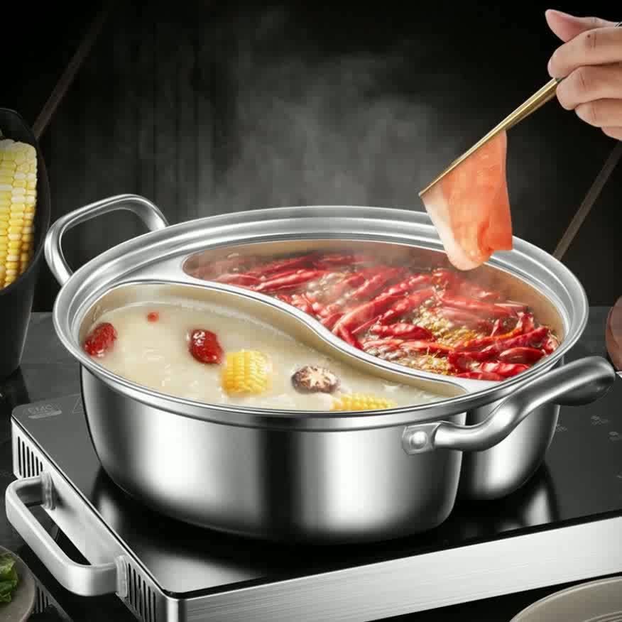 Silver double-layer hot pot, stainless steel hot pot, multi-flavor hot pot, kitchen utensil, durable hot pot, induction compatible hot pot, family dining gift - Image 1