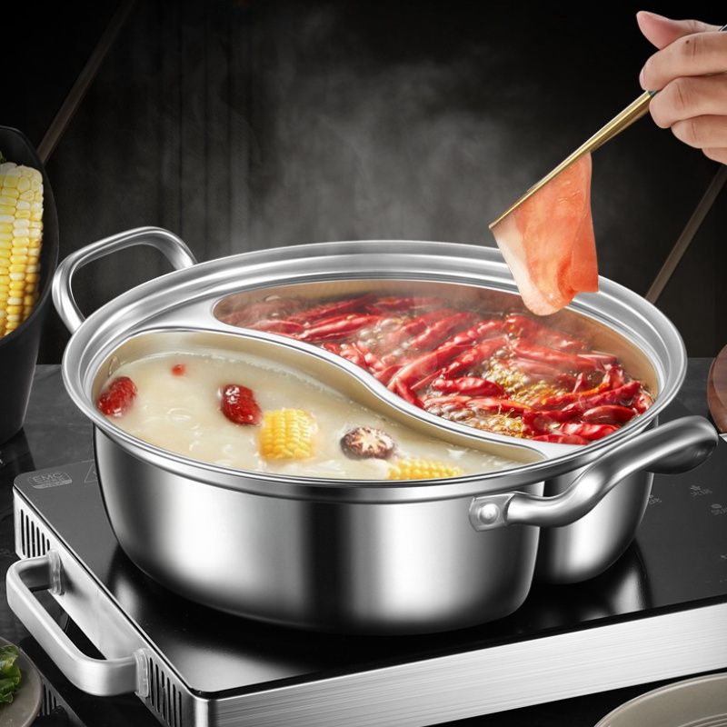 Silver double-layer hot pot, stainless steel hot pot, multi-flavor hot pot, kitchen utensil, durable hot pot, induction compatible hot pot, family dining gift - Image 4
