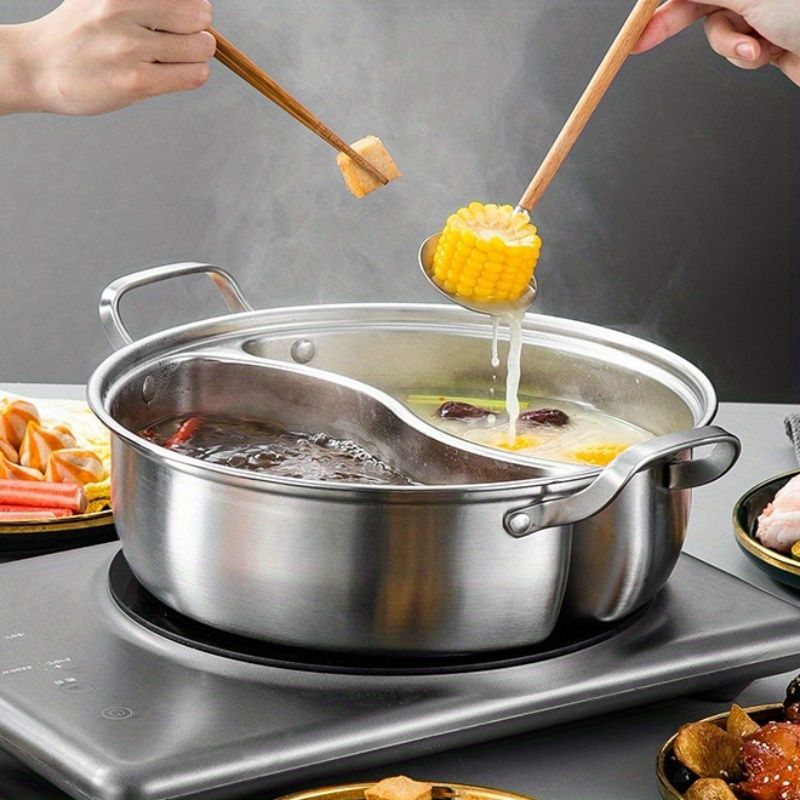Silver double-layer hot pot, stainless steel hot pot, multi-flavor hot pot, kitchen utensil, durable hot pot, induction compatible hot pot, family dining gift - Image 8