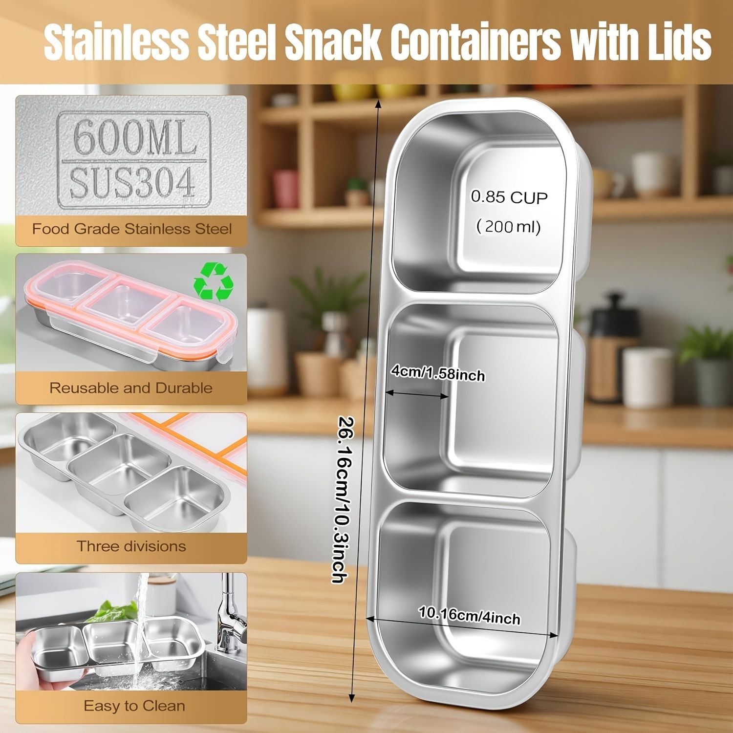 Silver 2PCS 3-in-1 snack containers, food storage containers, snack containers with lid, compartment snack containers, portion control containers, australian food storage, BPA-free snack boxes, lunchbox containers australia - Image 5