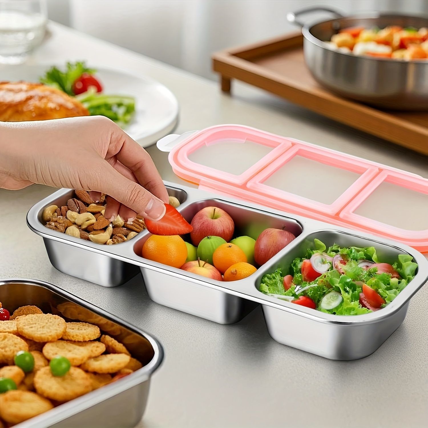 Silver 2PCS 3-in-1 snack containers, food storage containers, snack containers with lid, compartment snack containers, portion control containers, australian food storage, BPA-free snack boxes, lunchbox containers australia - Image 7