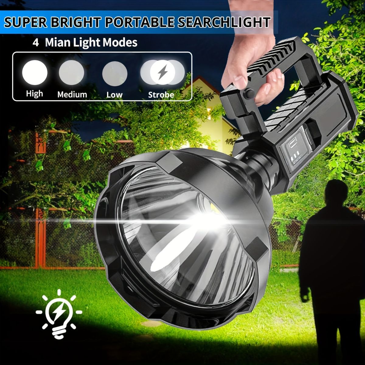 large LED searchlight, portable rechargeable flashlight, USB C camping light, multi-mode work light, emergency power bank flashlight, outdoor patrol light, Australian camping gear, battery level display flashlight - Black - Size High-end configuration - Image 1