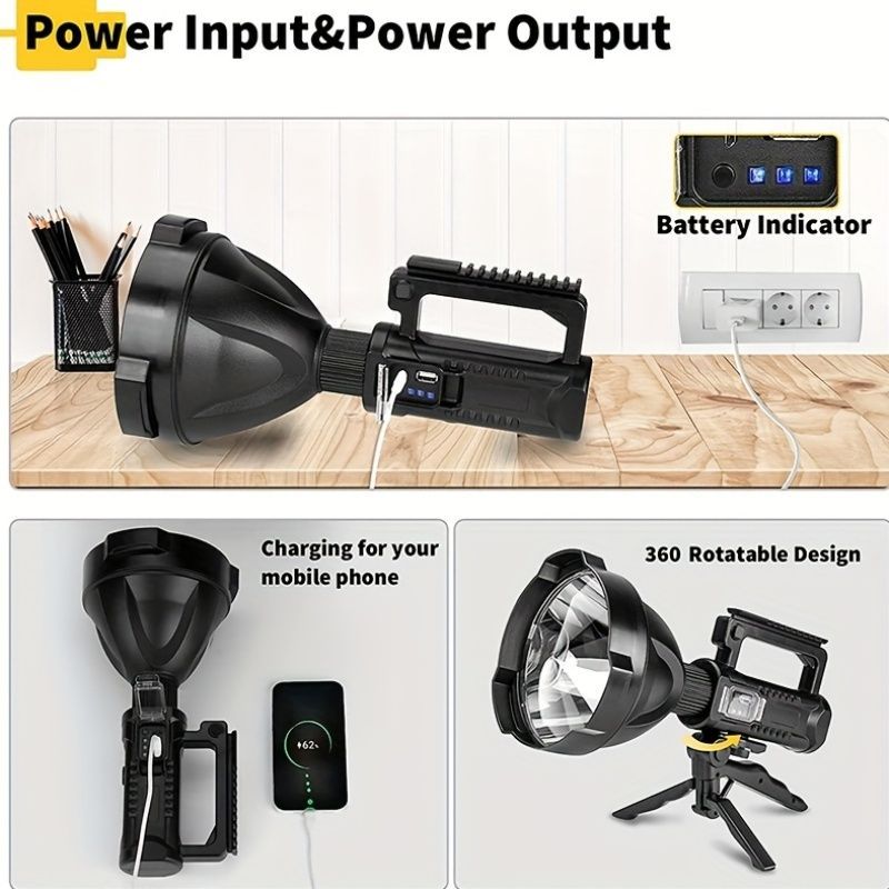 large LED searchlight, portable rechargeable flashlight, USB C camping light, multi-mode work light, emergency power bank flashlight, outdoor patrol light, Australian camping gear, battery level display flashlight - Black - Size High-end configuration - Image 7