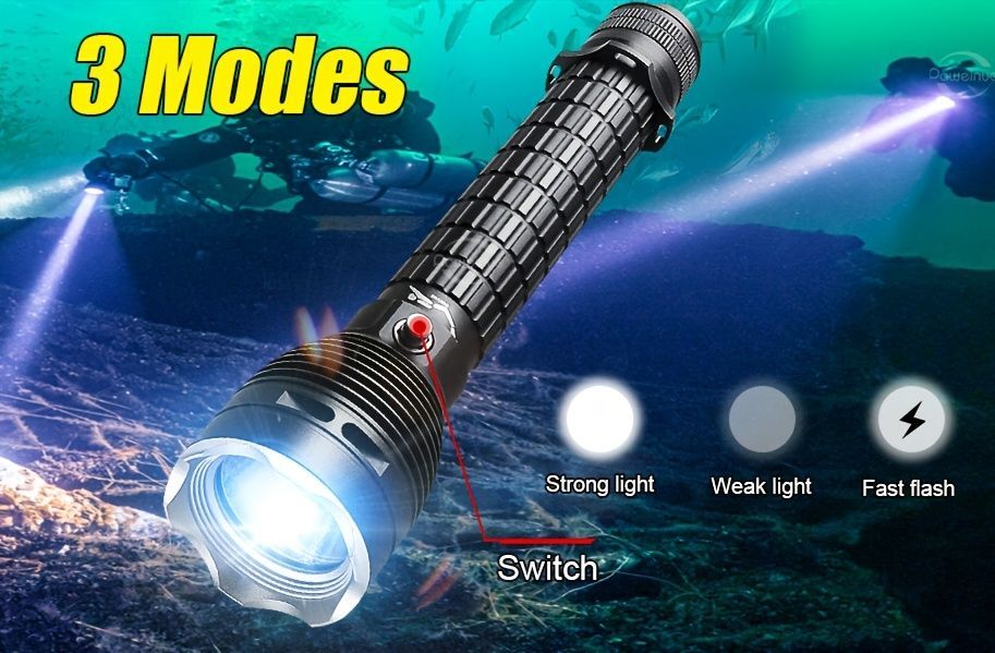 LED diving flashlight, high-lumen flashlight, 26650 battery flashlight, professional diving flashlight, multi-mode flashlight, anti-slip flashlight, underwater torch, outdoor lighting, Australia - Black - Size 黄光 - Image 1