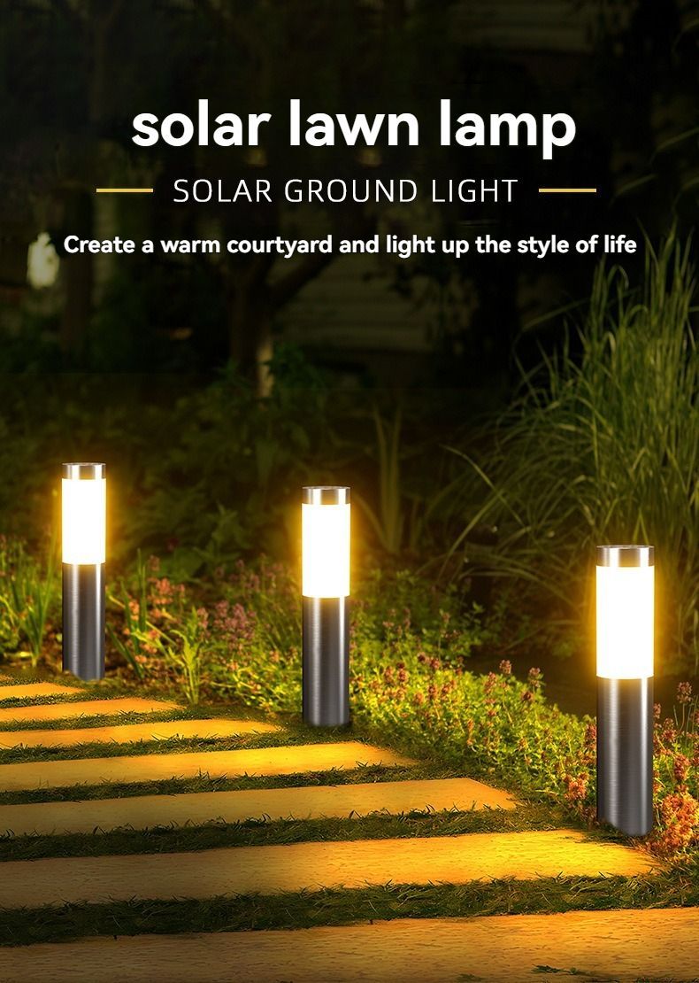 Solar Lawn Lights Stainless Steel Outdoor Lights 3-LED Garden Lights Waterproof - Silver - toned warm light - Size 2PCS - Image 1