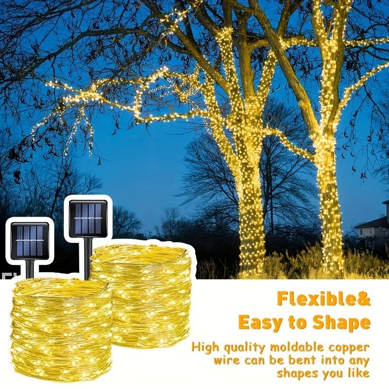 solar outdoor string lights, 300LED solar lights, copper wire fairy lights, 8-pattern solar lights, garden lights Australia, courtyard lights, Christmas lights, party lights, wedding lights, warm white, cool white, multi-color solar lights - Warm light - - Image 1